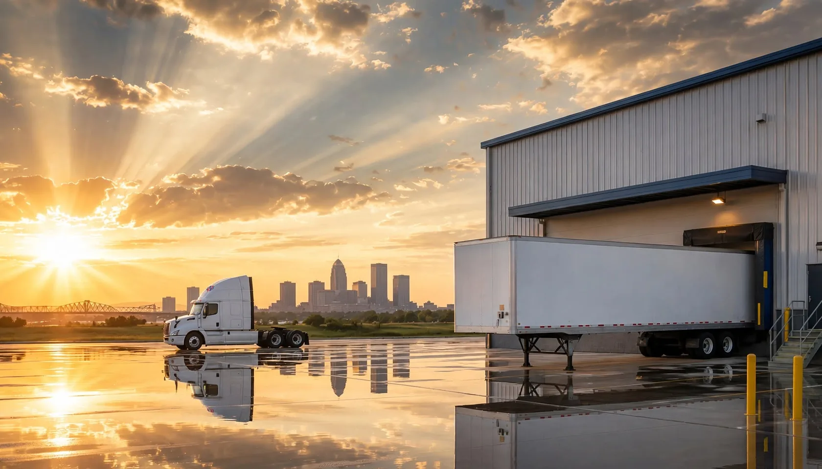 A Peak tractor and a trailer at the Louisville cross-dock at sunrise, the downtown skyline behind