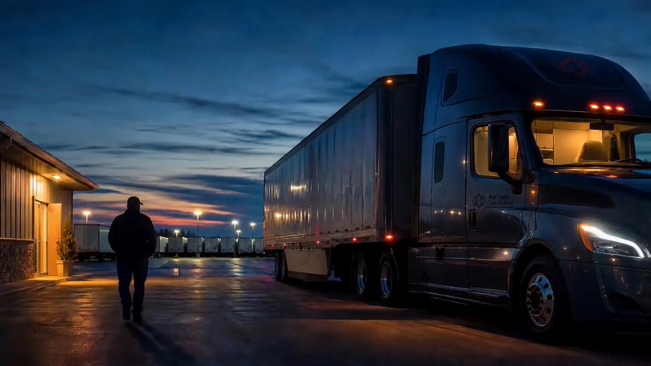 A driver walking toward a warm doorway at dusk beside a branded tractor-trailer