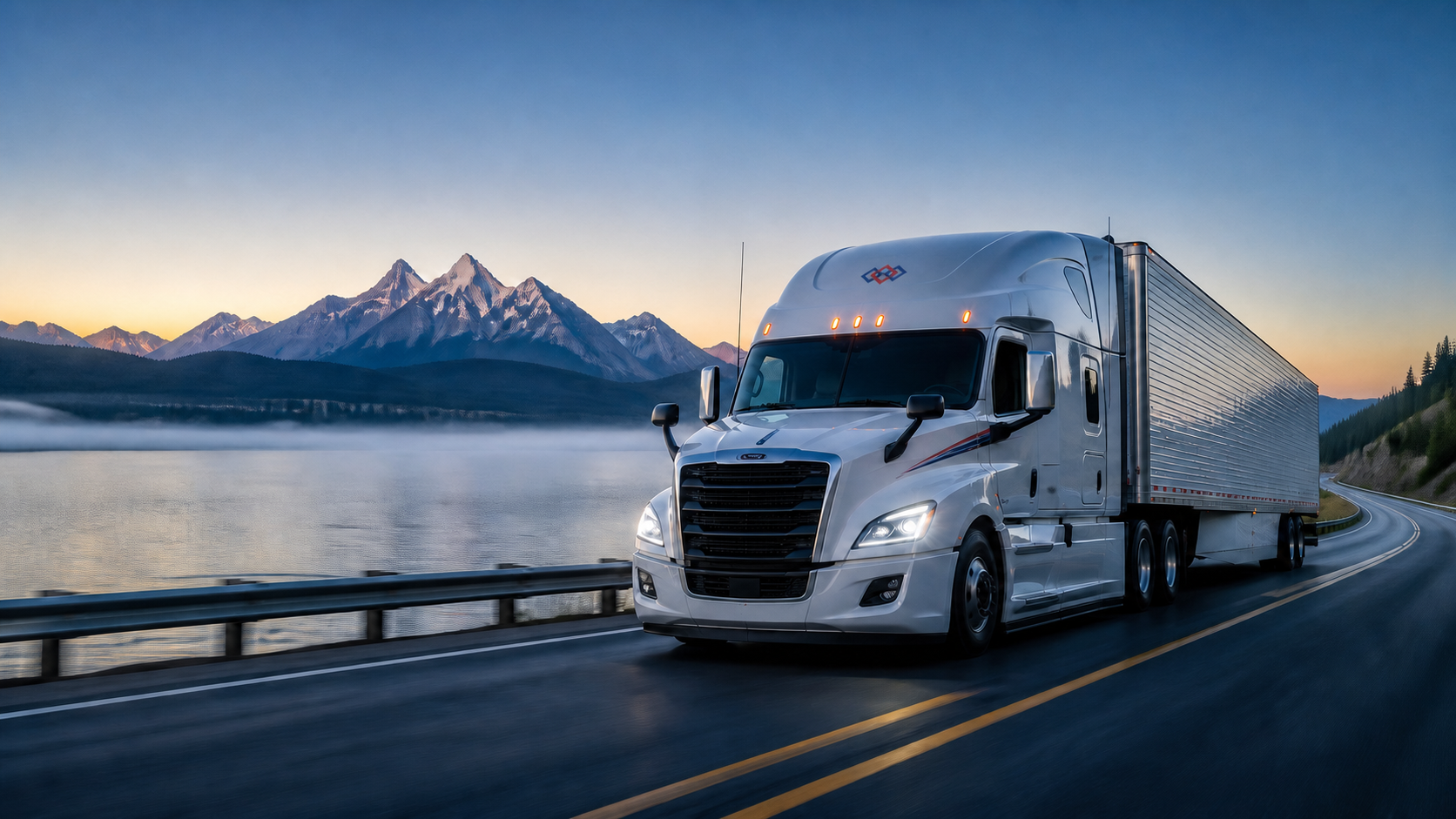 A branded modern tractor-trailer running a lakeside road at dawn, with mountain peaks composed behind it