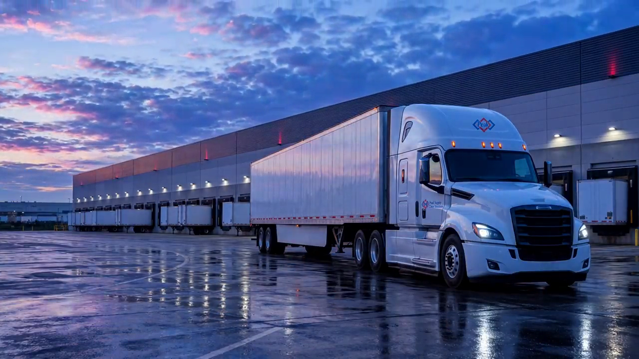 A Peak tractor-trailer pulling away from a lit dock at night, trailers backed to the doors behind it