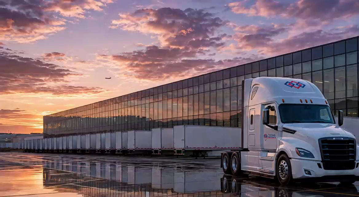 A Peak tractor-trailer parked at a cross-dock at sunset, the dock lights coming on along a line of trailers behind it