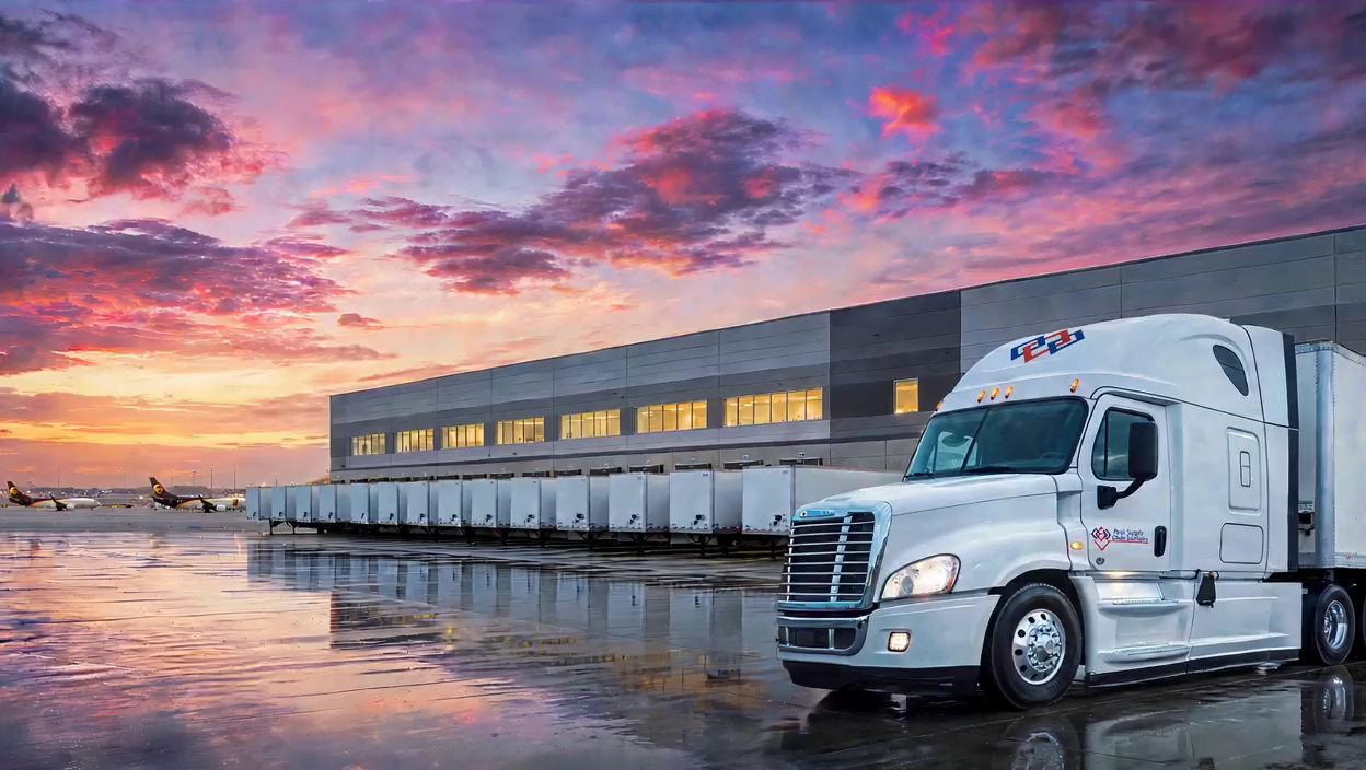 A Peak tractor-trailer staged at a cargo dock at sunset, a row of trailers backed into the doors behind it, as the sky goes to dusk