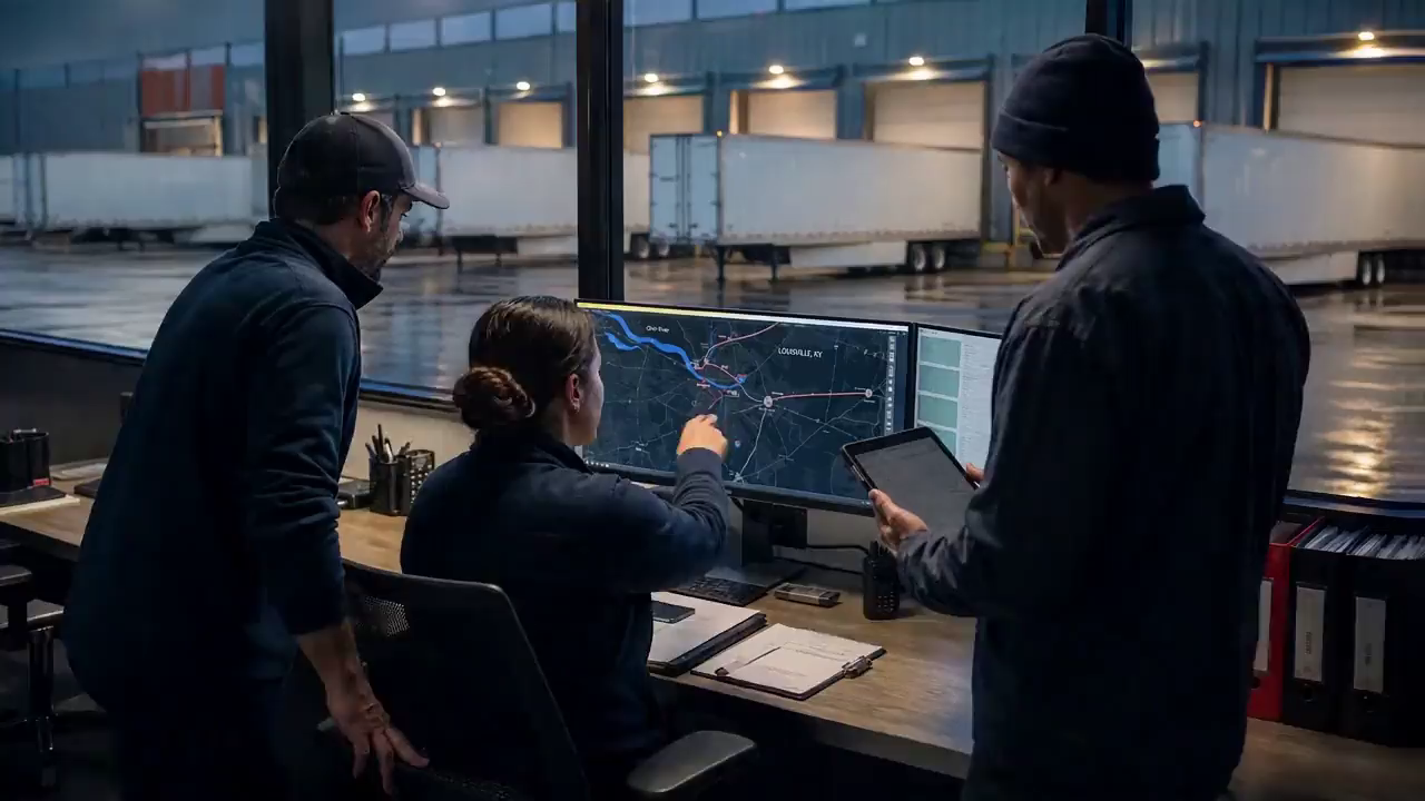 Two men and a woman at a dispatch desk studying a truck-route map on twin monitors, a rain-lit dock and parked trailers through the windows behind them